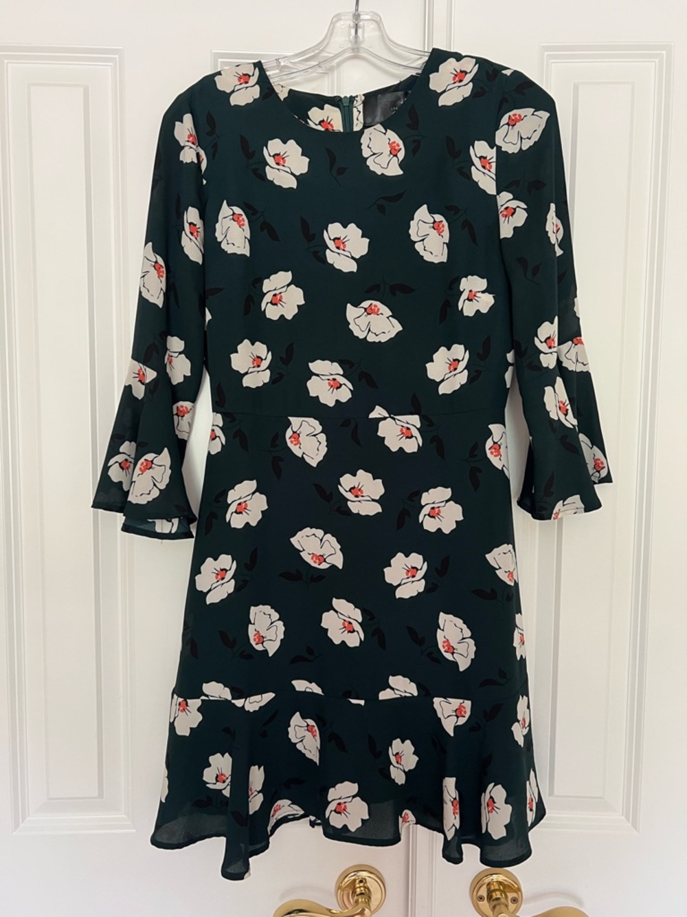 J.O.A. Dark Green Floral Long Sleeve Fit-and-Flare Dress